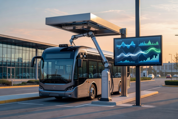 Electric city bus charging at intelligent smart stop display system