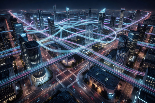 Smart city night transportation network with glowing telemetry lines
