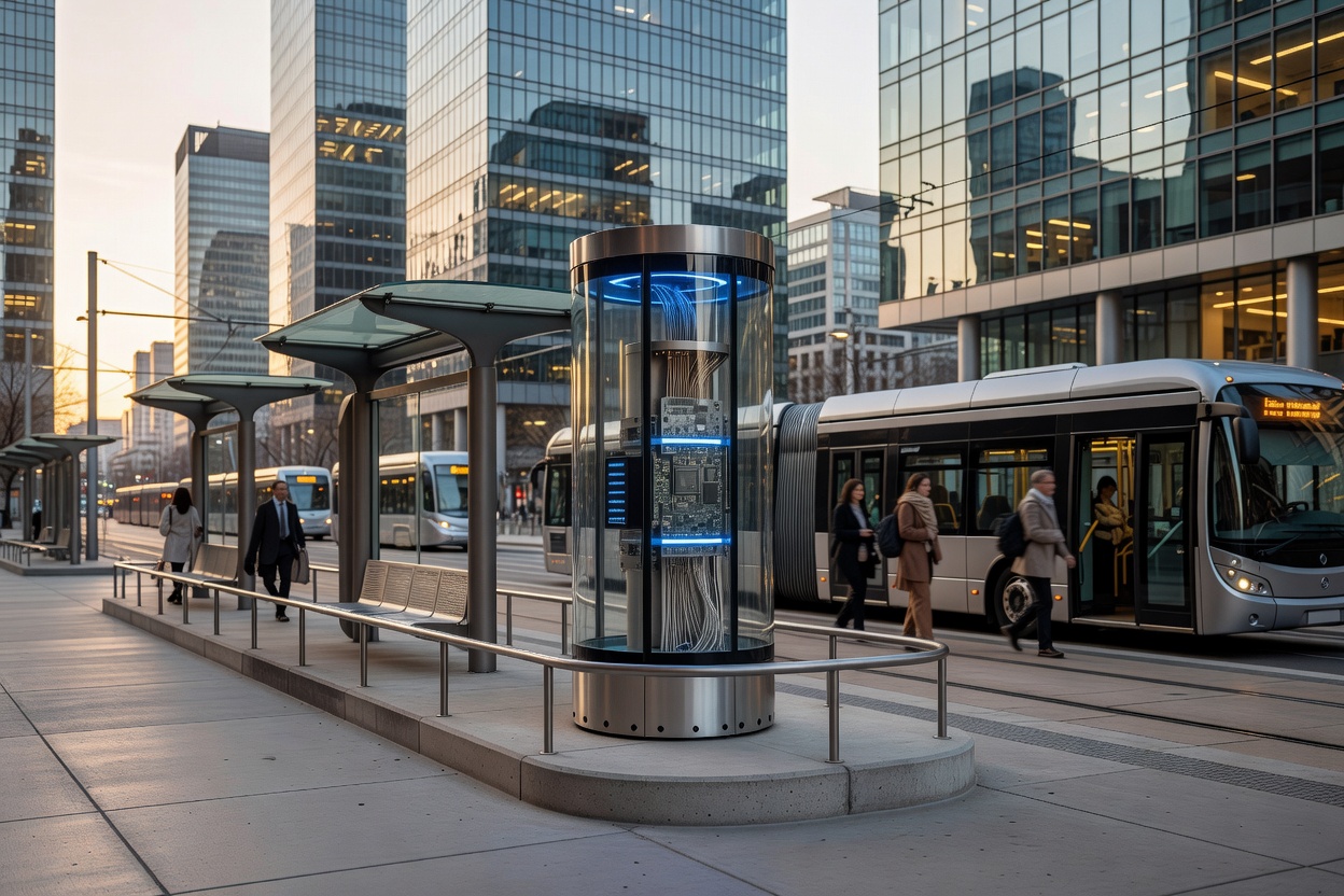 Smart Tram and Bus Stop Telemetry Node in Modern City Center